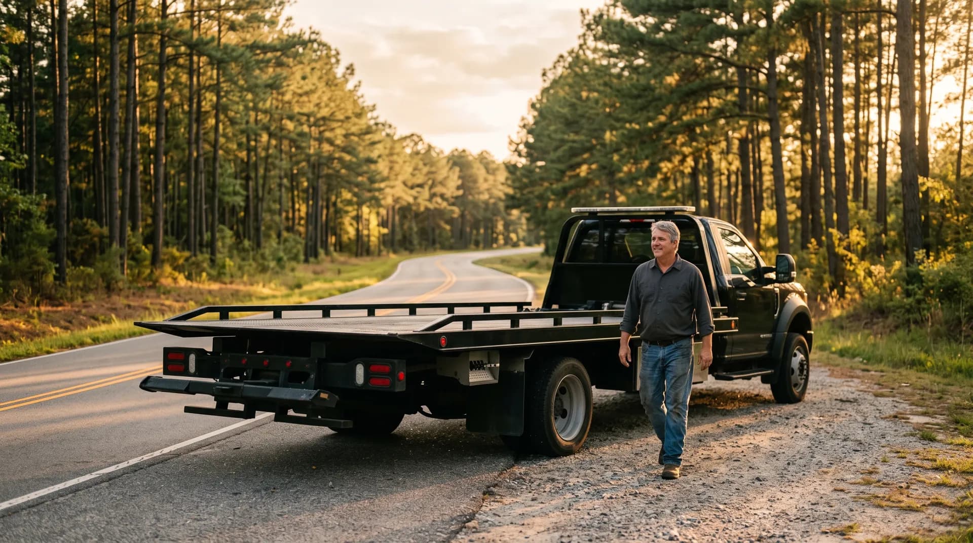 A gleaming black flatbed tow truck on a pine-lined Georgia road at golden hour, with the driver walking alongside